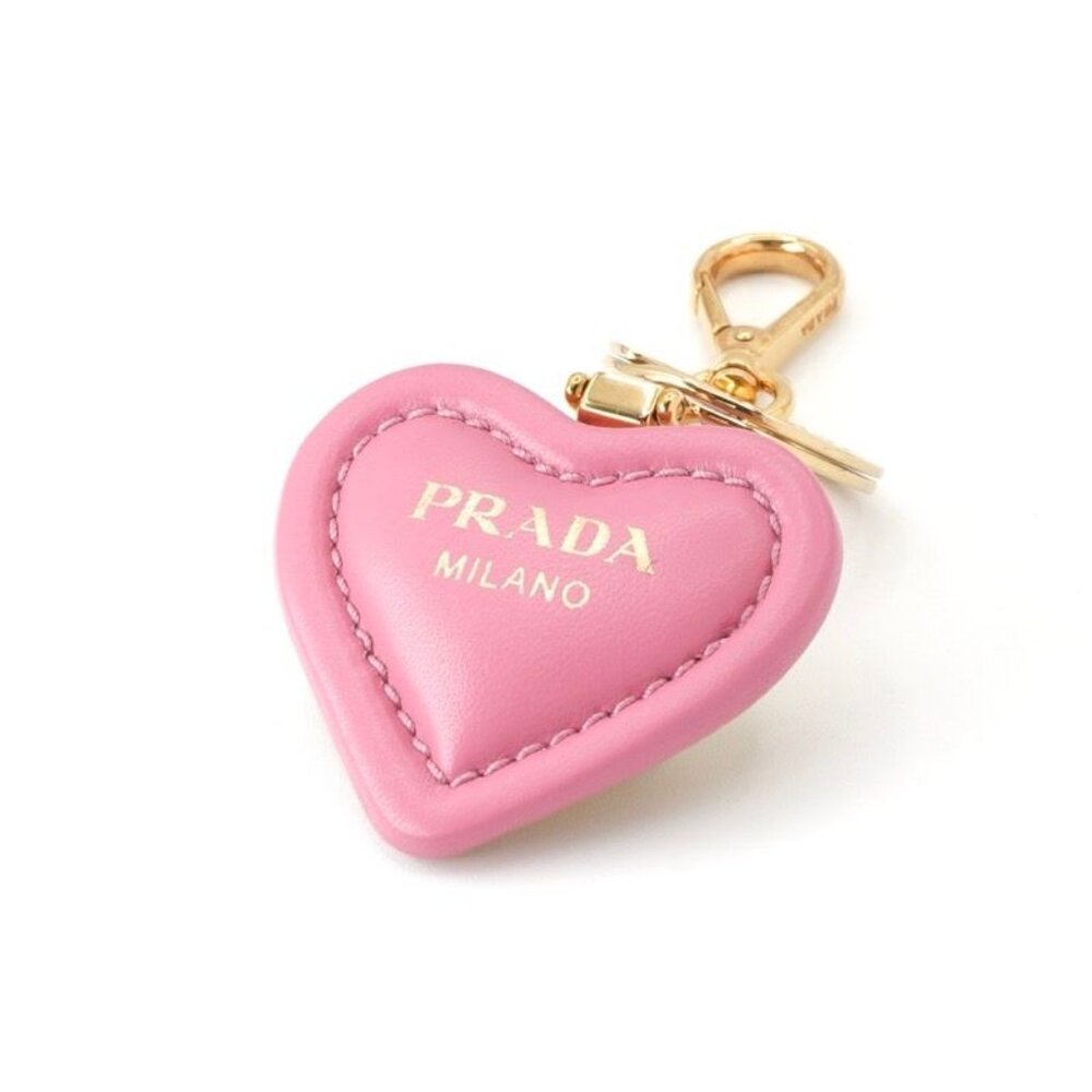 Prada Charm Pink Gold Nappa Leather Key Ring Logo Heart - Picture 1 of 7